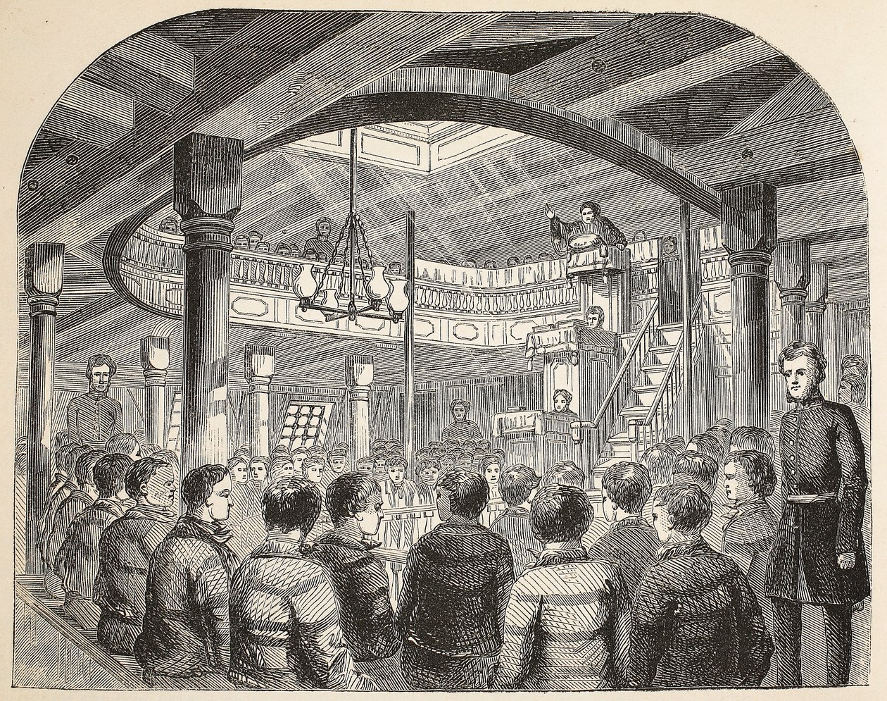 La cappella dei detenuti a bordo della nave Defence hulk a Woolwich, illustrazione da The Criminal Prisons of London and Scenes from Prison Life di Henry Mayhew e John Binny, pub. 1862 da English School