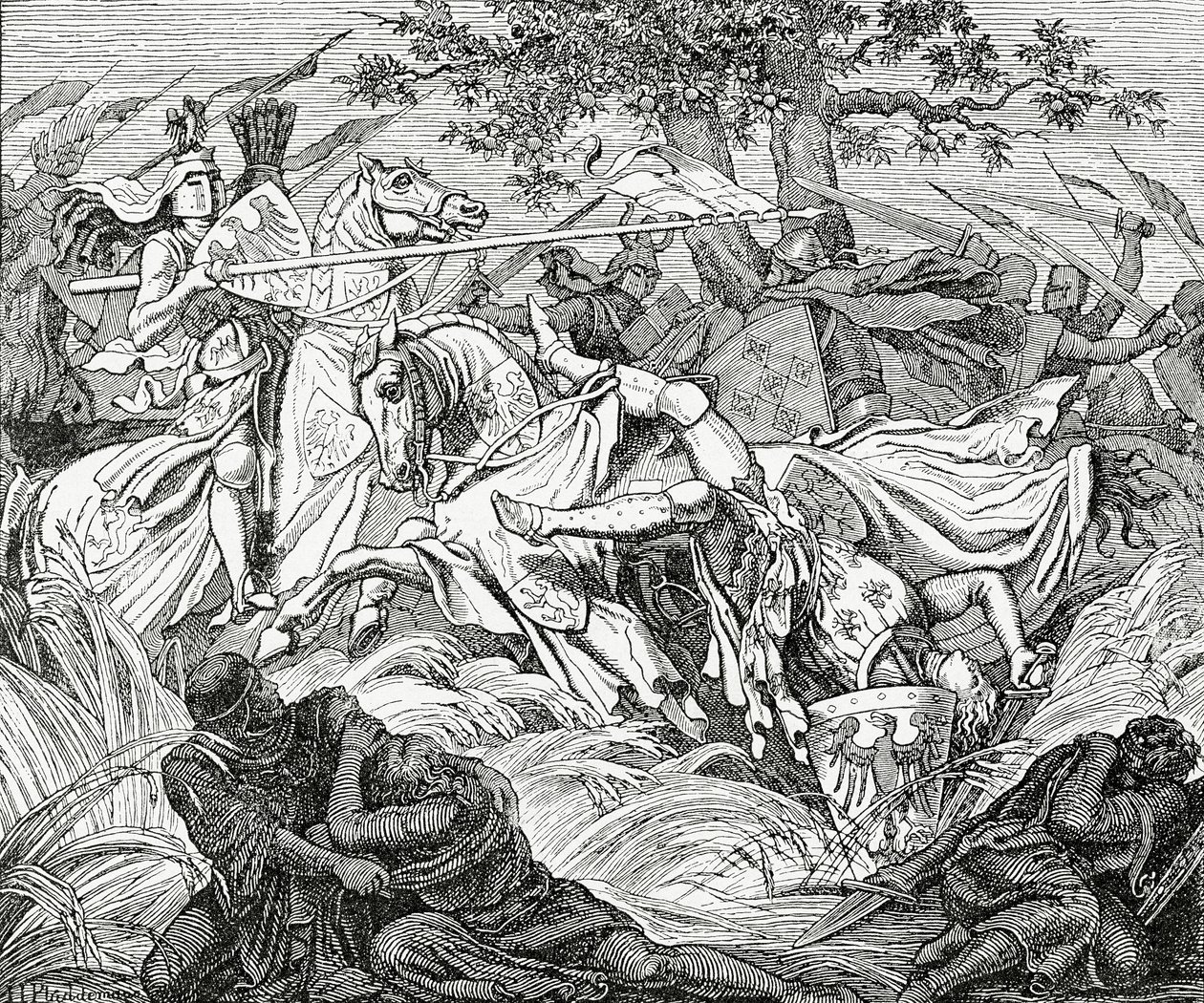 La morte di Manfredi nella battaglia di Benevento, 26 febbraio 1266 da English School