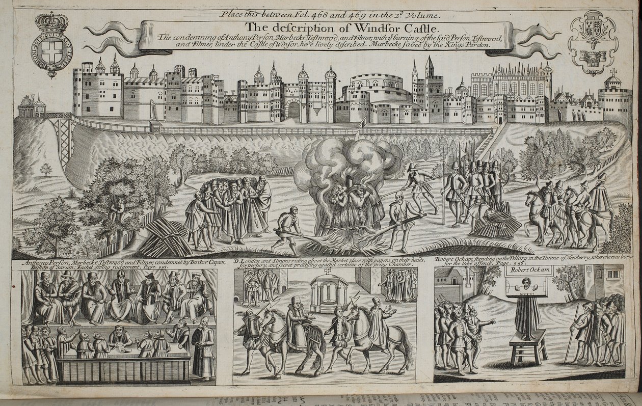 La descrizione del Castello di Windsor, illustrazione da Atti e Monumenti di John Foxe, nona edizione, pub. 1684 da English School