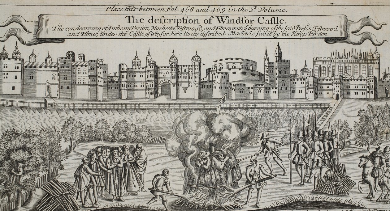 La descrizione del Castello di Windsor, illustrazione da Atti e Monumenti di John Foxe, nona edizione, pub. 1684 da English School