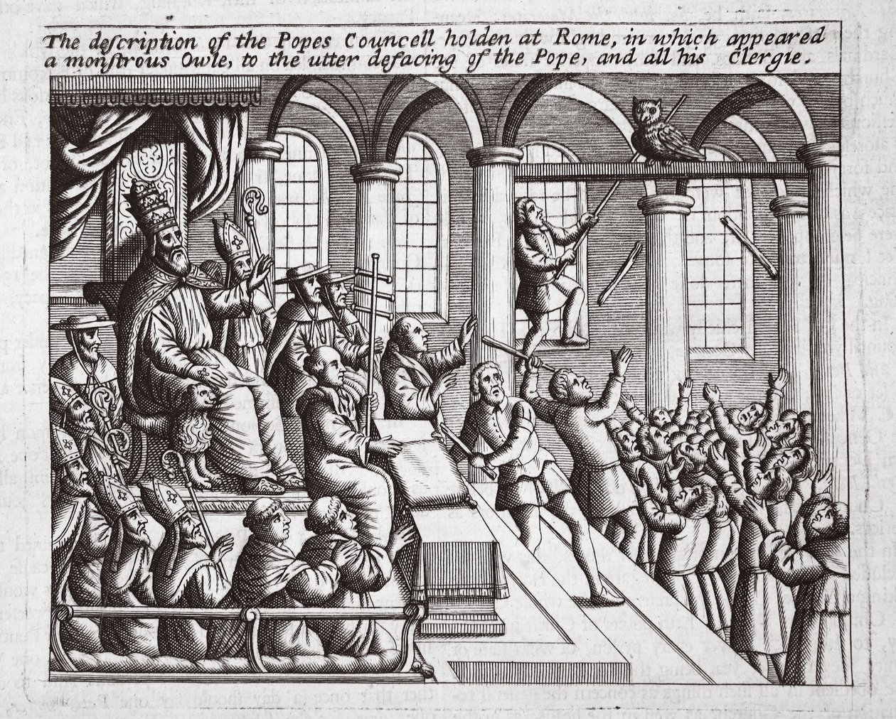 La descrizione del Concilio dei Papi tenuto a Roma, in cui apparve un gufo mostruoso, a totale discredito del Papa e di tutto il suo clero, illustrazione da Atti e Monumenti di John Foxe, nona edizione da English School