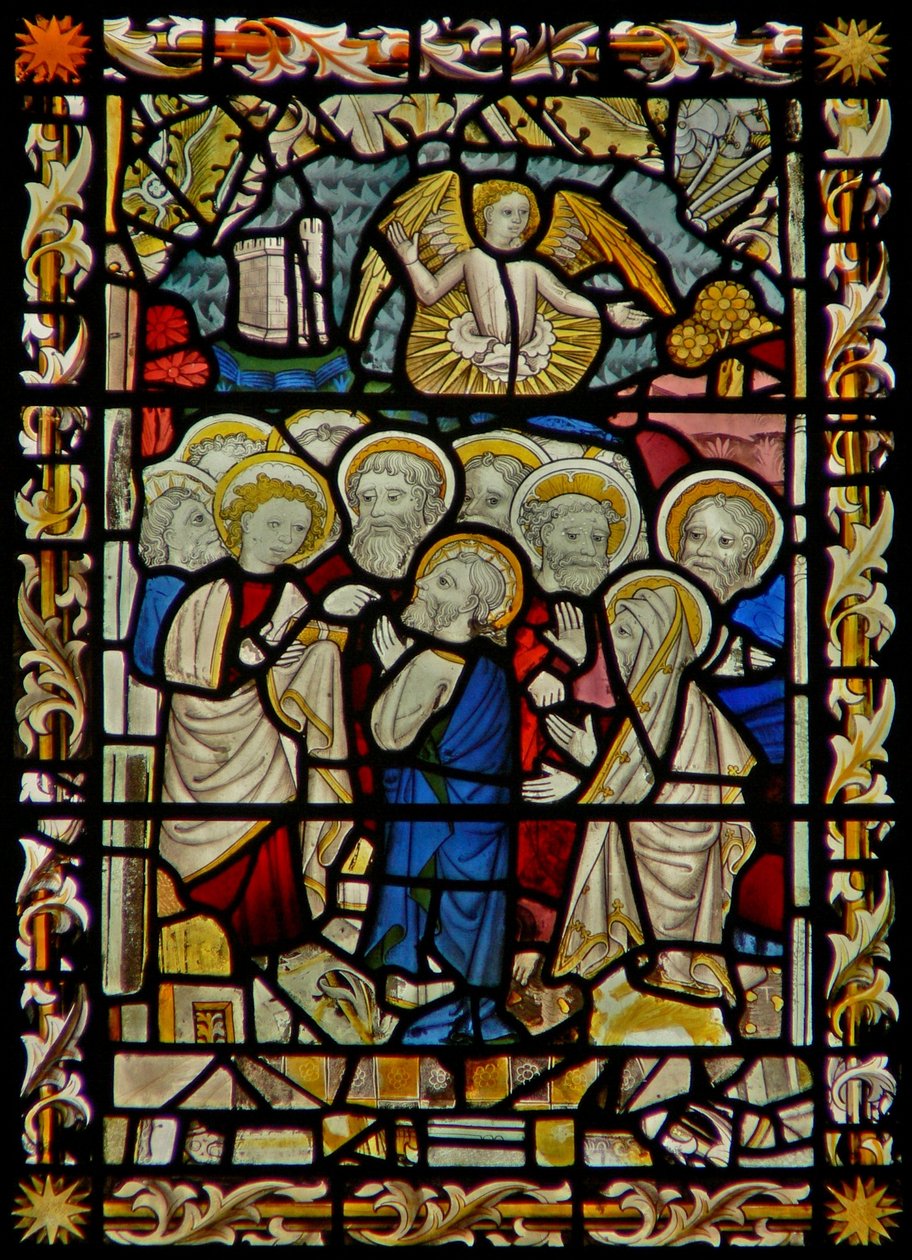 La finestra est che raffigura gli Apostoli che si radunano (per il funerale della Vergine?) Maria - gli Apostoli si radunano per partecipare da English School