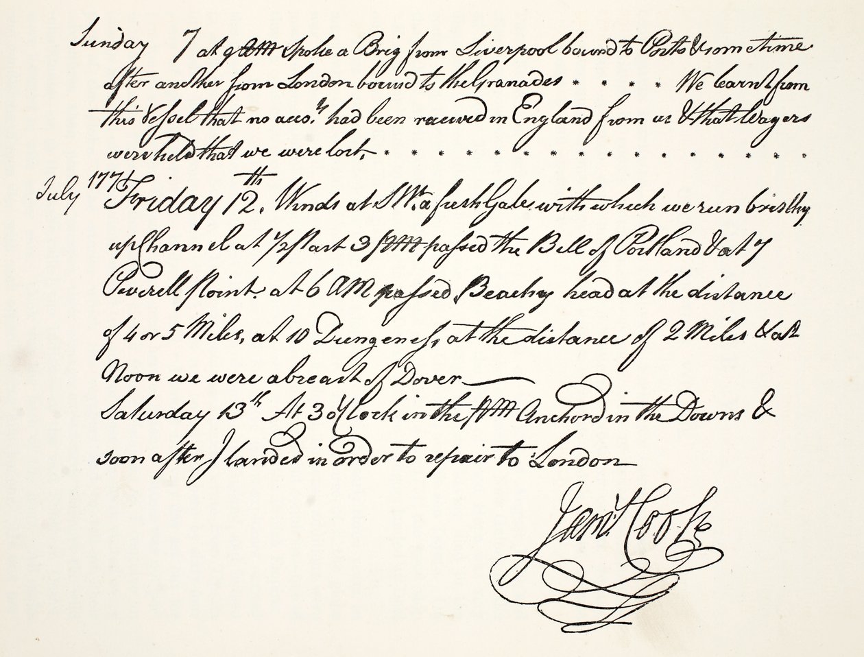 La calligrafia di James Cook, luglio 1771 da English School