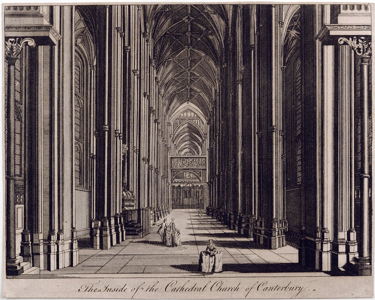 Interno della Cattedrale di Canterbury, vista della navata, dal lato ovest, c.1700-43 da English School