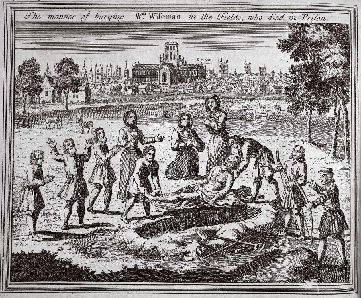 Il modo di seppellire Wm Wiseman nei campi, morto in prigione, illustrazione da Foxes Martyrs c.1703 da English School