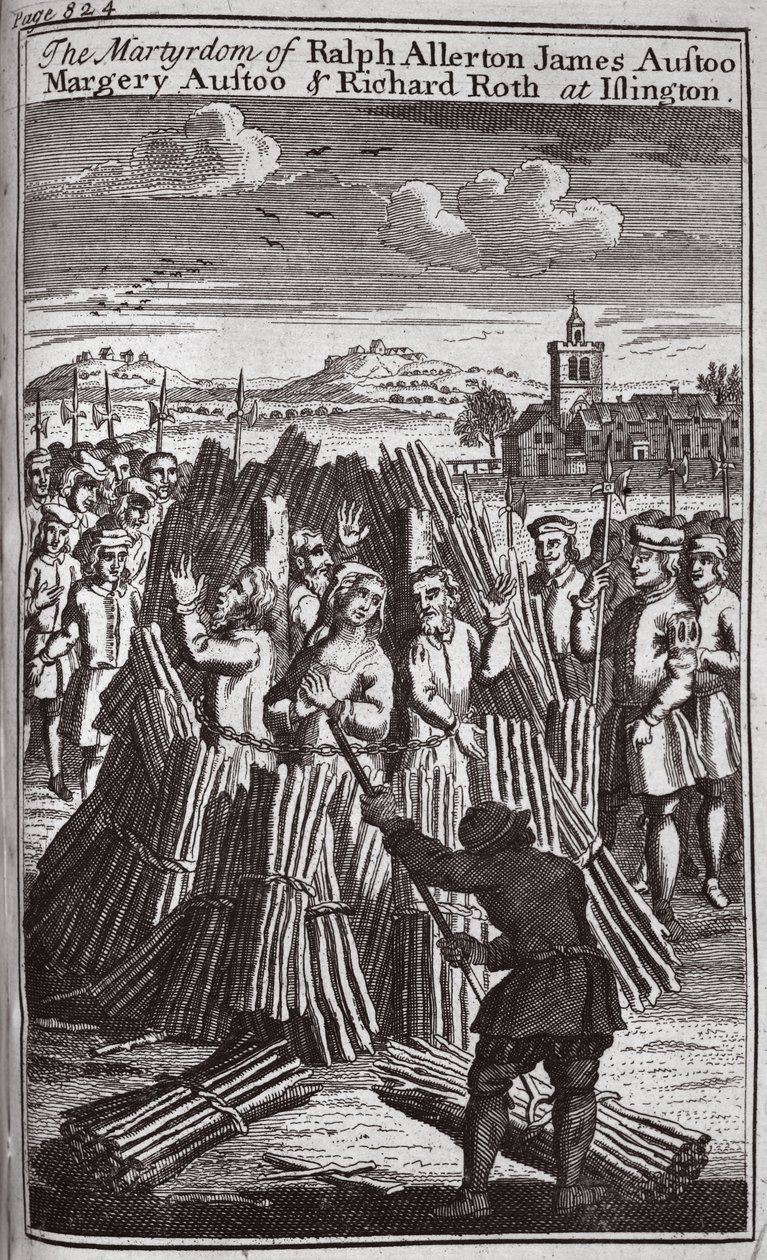 Il martirio di Ralph Allerton James Austoo, Margery Austoo e Richard Roth a Islington, illustrazione da "Foxes Martyrs", 1703 circa (litografia) da English School