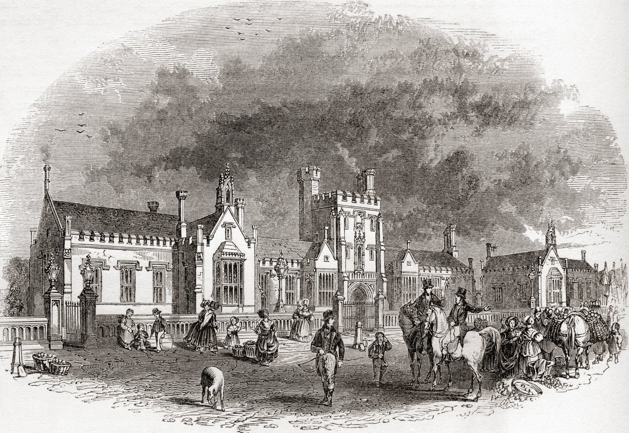 La vecchia scuola di Bedford, ricostruita alla fine del XIX secolo, da Old England: A Pictorial Museum, pub. 1847 da English School