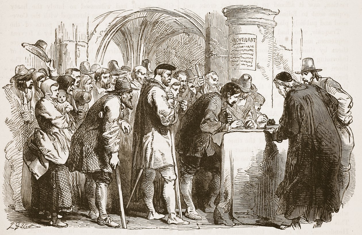 Il popolo firma il Patto nella chiesa di St. Giles, Edimburgo, illustrazione da Cassells Illustrated History of England da English School