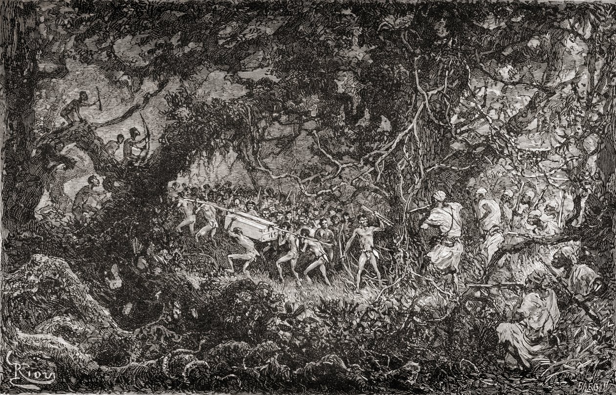 Gli esploratori della spedizione di soccorso di Emin Pasha di Sir Henry Morton Stanley, in Africa nel 1888, scoprono Pigmei che trasportano una cassa di munizioni, pub. 1890 da English School