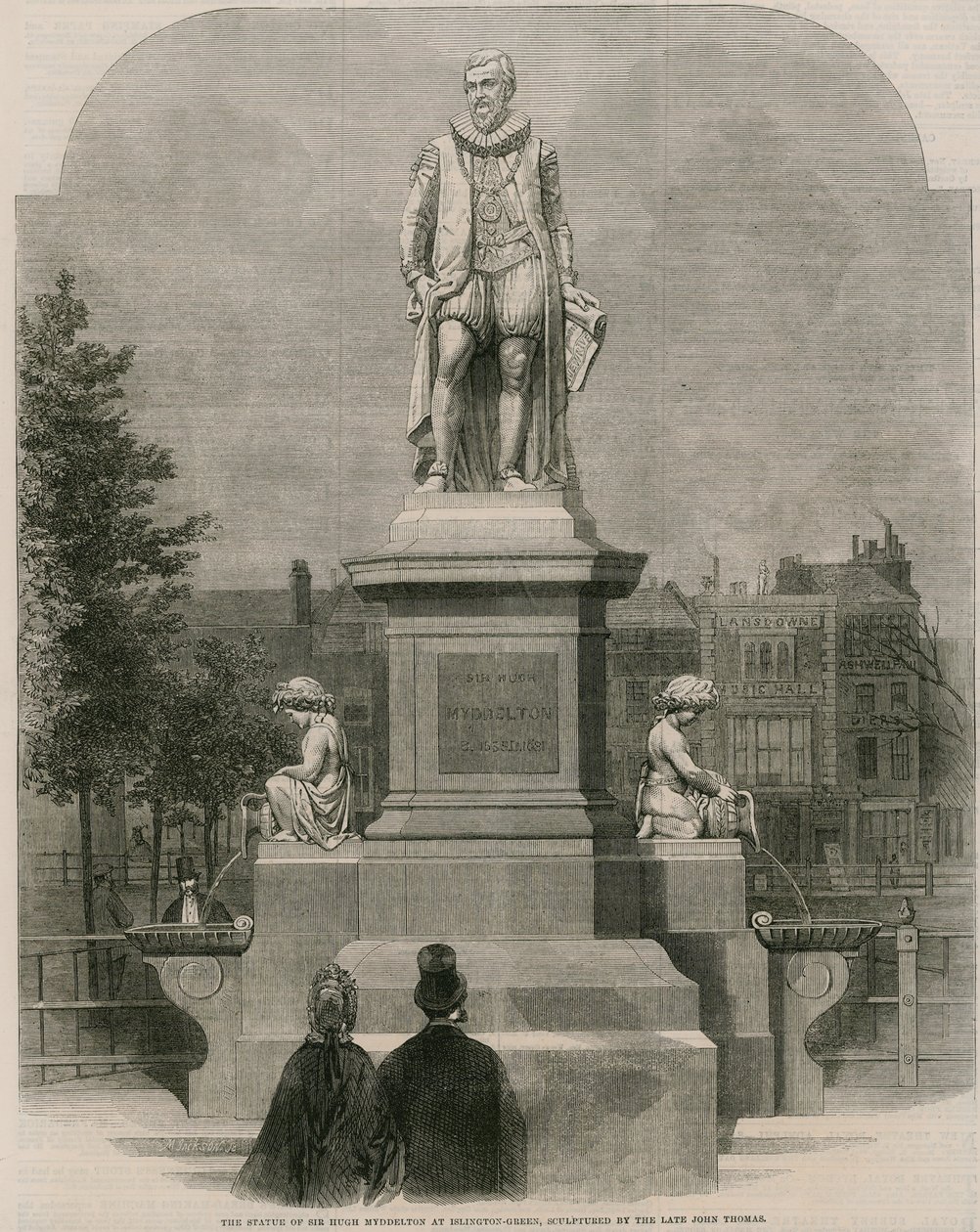 La statua di Sir Hugh Myddleton a Islington Green, scolpita dal defunto John Thomas (incisione) da English School