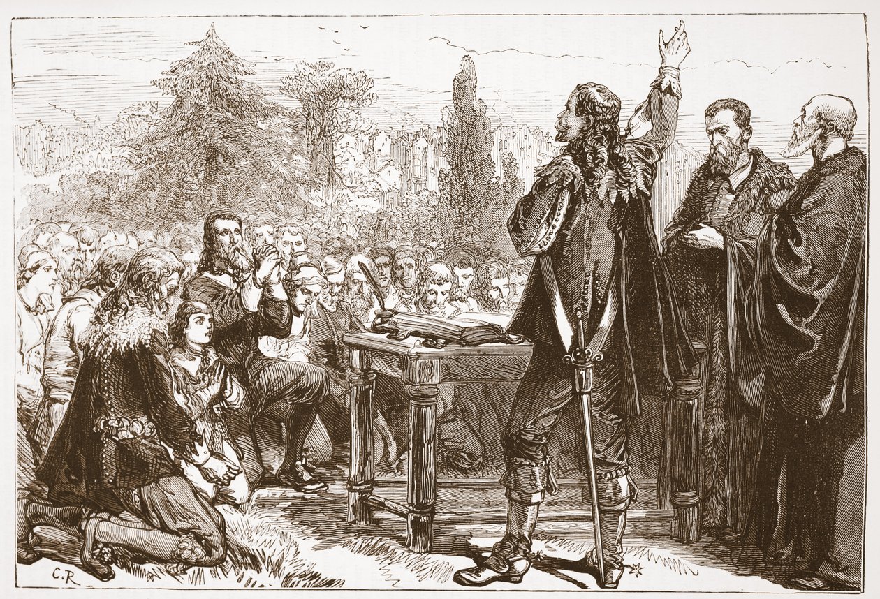 Il giuramento e la sottoscrizione del Patto Nazionale nel cimitero di Greyfriars, Edimburgo, illustrazione da The History of Protestantism di James Aitken Wylie, pub. 1878 da English School