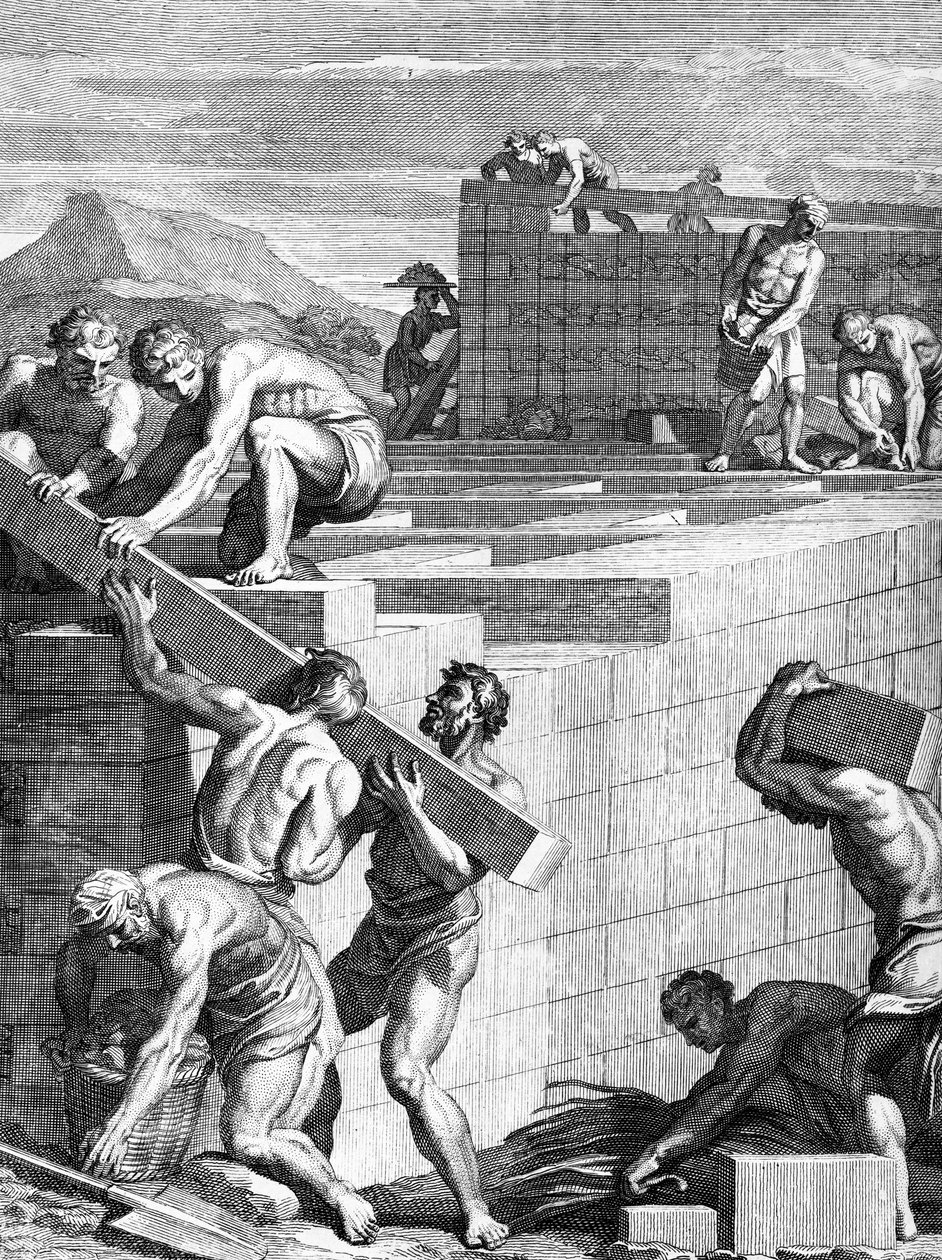 Le mura delle città tra i Galli sono costruite con corsi alternati di pietre e travi, inciso da Cornelis Huyberts, illustrazione ai Commentari di Cesare tradotti in inglese da William Duncan da English School