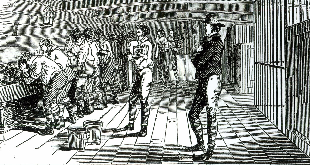 La sala di lavaggio sotto coperta - sindacalisti condannati trasportati in Australia, illustrato in I Martiri di Tolpuddle, pubblicato dal Congresso dei Sindacati, 1834 da English School