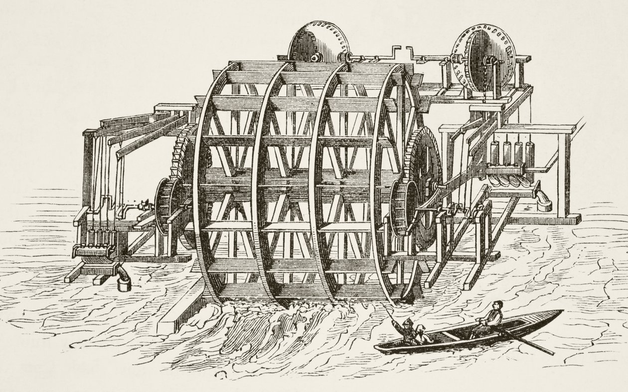 Le opere idrauliche del London Bridge, erette per la prima volta nel 1582, da The National and Domestic History of England di William Hickman Smith Aubrey, pubblicato a Londra, c.1890 da English School