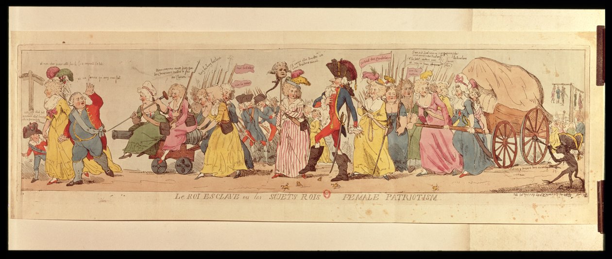 Le donne di Les Halles che portano Luigi XVI (1754-93) da Versailles, pubblicato da S.W. Fores, 1789 (incisione colorata a mano) da English School
