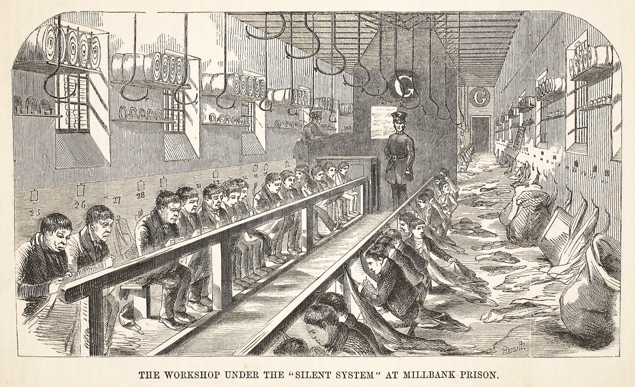 Il laboratorio sotto il Sistema Silenzioso alla prigione di Millbank, illustrazione da The Criminal Prisons of London and Scenes from Prison Life di Henry Mayhew e John Binny, pub. 1862 da English School