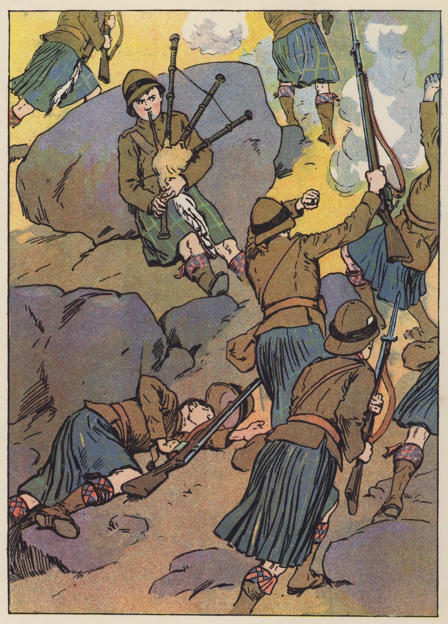 Il pifferaio ferito accompagna le truppe alla vittoria (litografia a colori) da English School