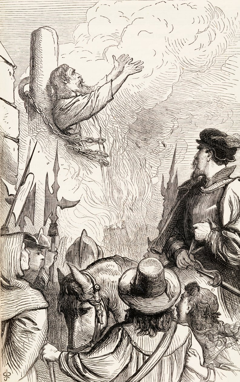 Thomas Hawkes bruciato sul rogo durante le Persecuzioni Marian, c.1865 da English School