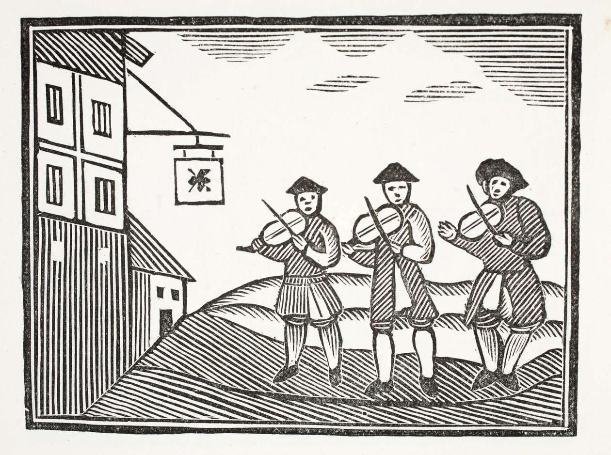 Tre violinisti in Thames Street, che suonarono per uno sposo al mattino, che non diede loro nulla da bere, illustrazione da Chap-books del XVIII secolo di John Ashton, pub. 1882 da English School