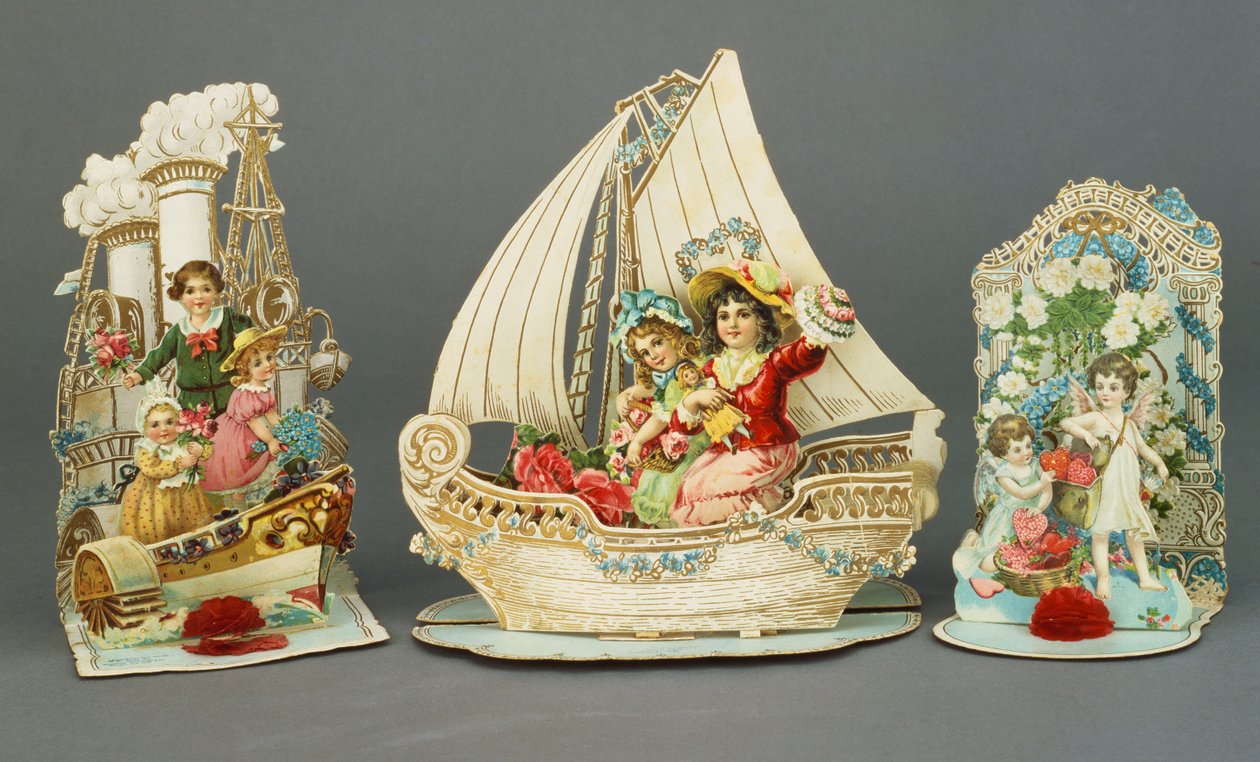 Tre biglietti di San Valentino cromolitografici pop-up, c.1880-90 da English School