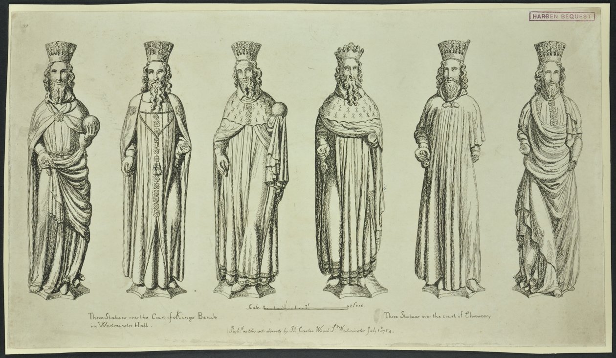 Tre statue sopra la Corte del Re a Westminster Hall e tre sopra la Corte di Cancelleria, 1784 da English School