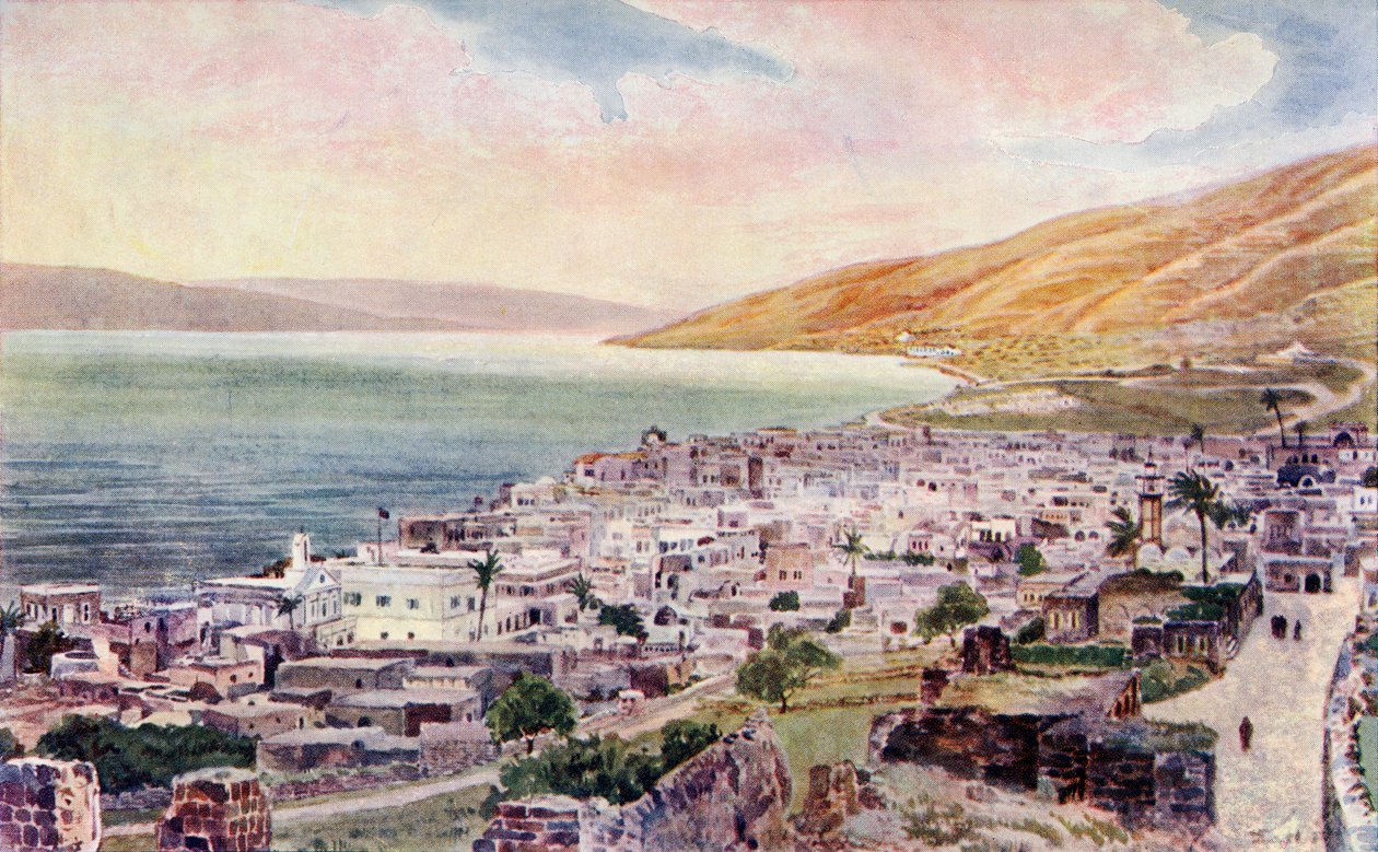 Tiberiade e il Mare di Galilea, Israele, c.1910 (litografia a colori) da English School