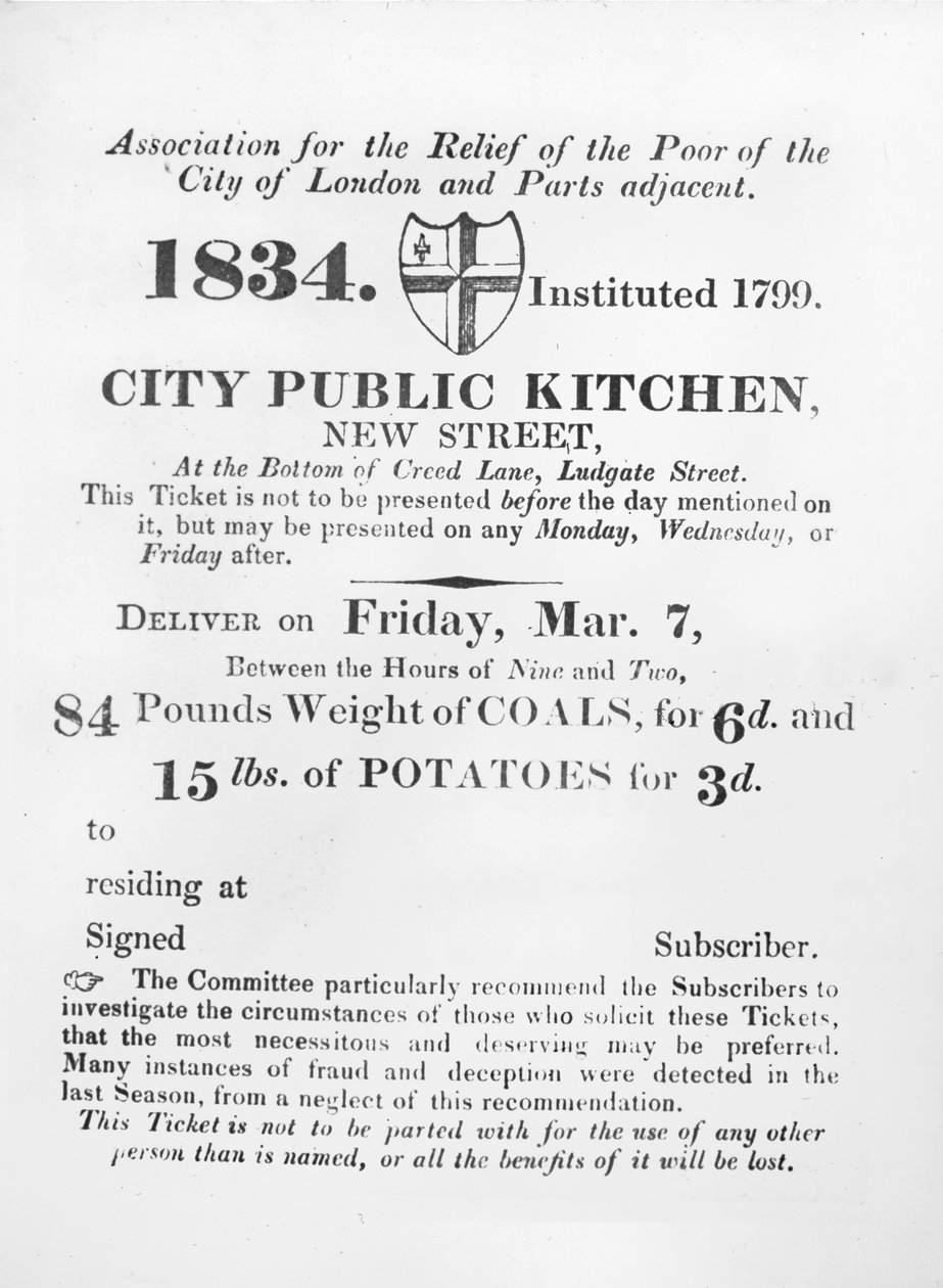 Biglietto emesso ai poveri per ricevere carbone e patate dalla Cucina pubblica della città, New Street, Londra, 1834 da English School