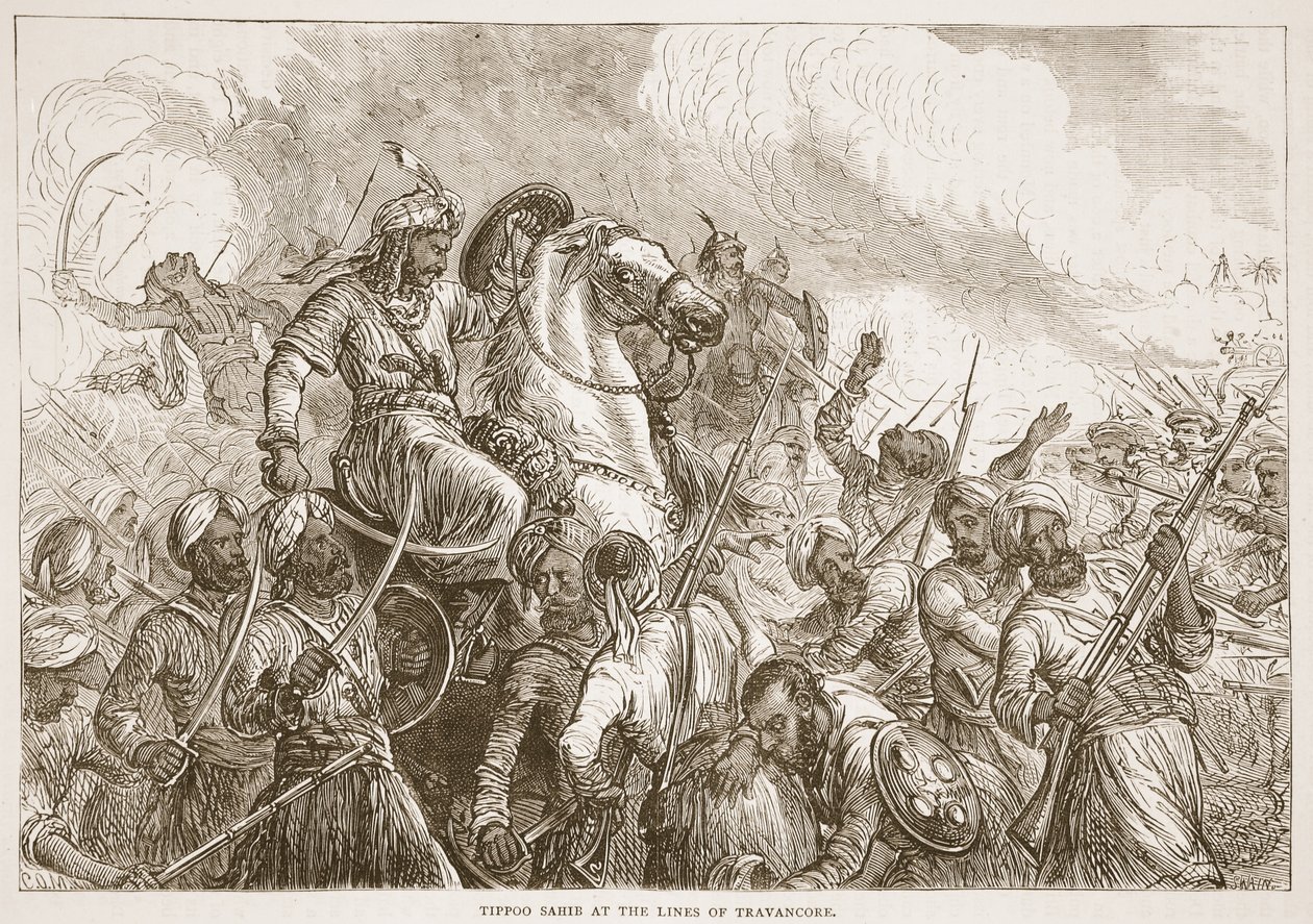 Tippoo Sahib alle linee di Travancore, illustrazione da Cassells Illustrated History of India di James Grant, pub. 1879 da English School