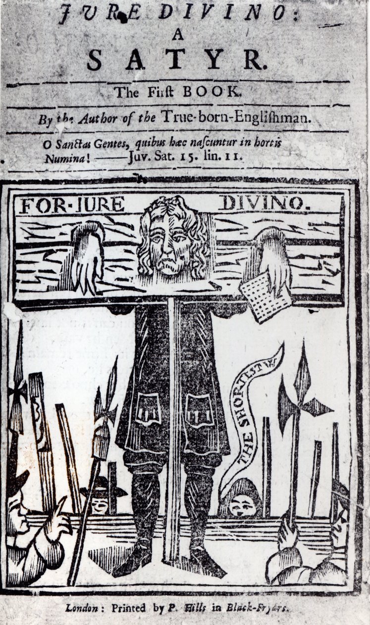 Pagina del titolo del primo libro di Jure Divino - Una satira di Daniel Defoe (1660-1731) pubblicata nel 1706 da English School