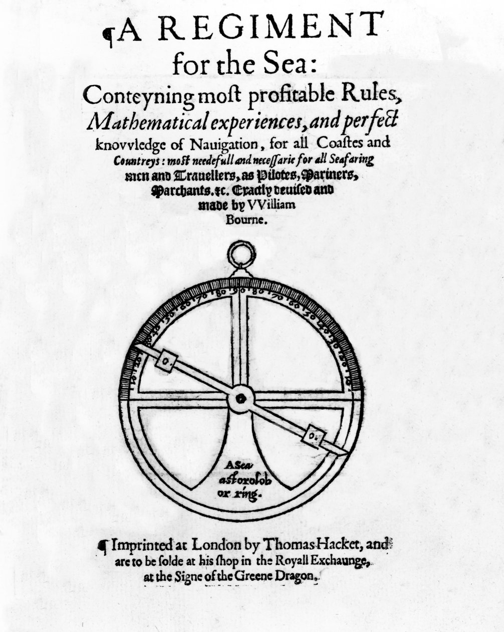 Pagina del titolo per A Regiment for the Sea di William Bourne, pubblicato c.1574 da English School