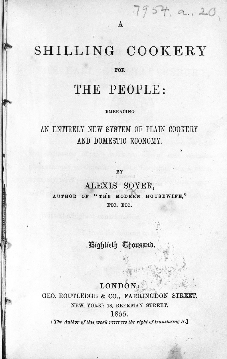 Pagina del titolo di A Shilling Cookery for The People di Alexis Soyer, pubblicato 1855 da English School