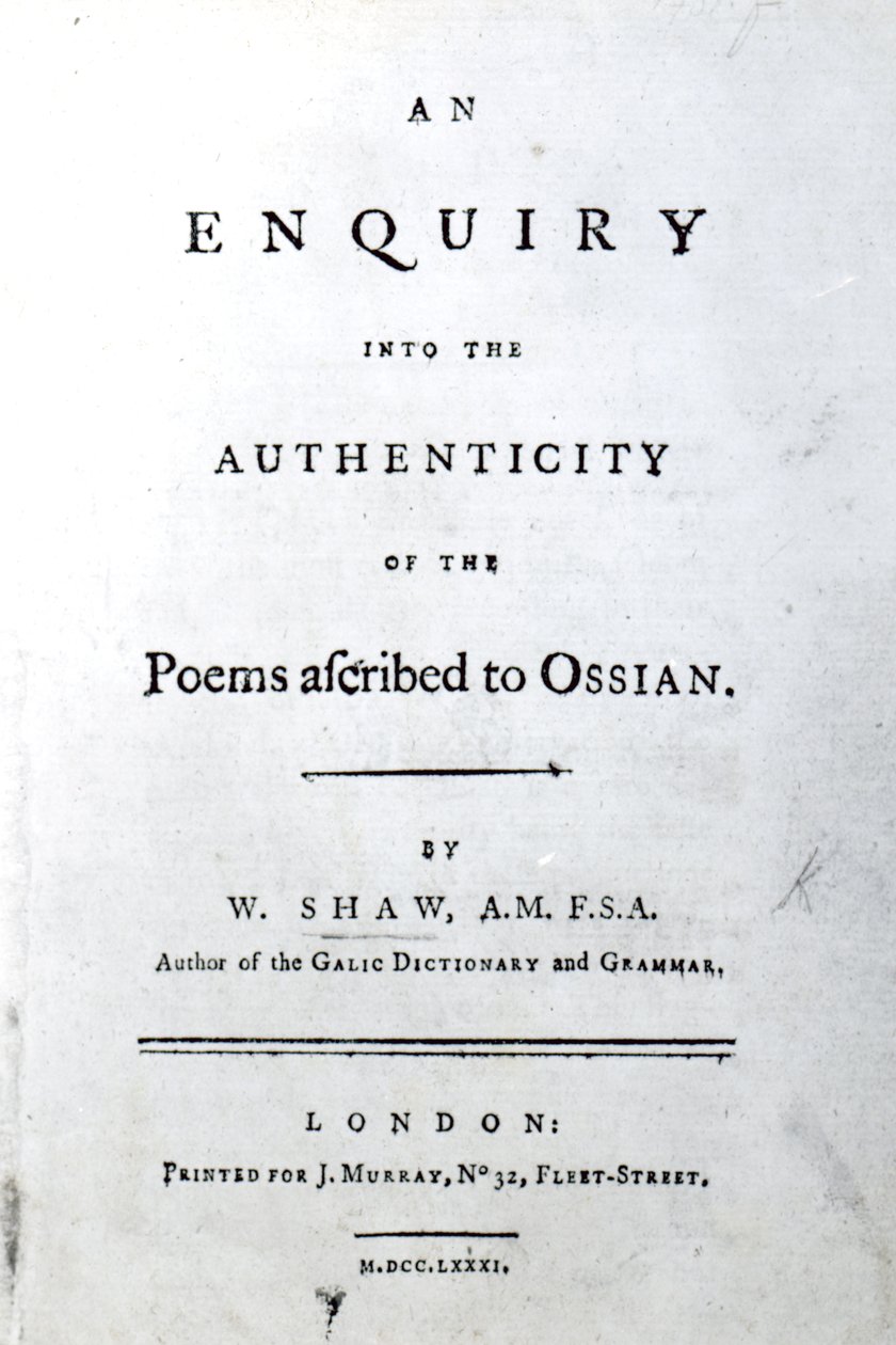 Pagina del titolo per An enquiry into the authenticity of the poems ascribed to Ossian di William Shaw, pubblicato nel 1781 da English School