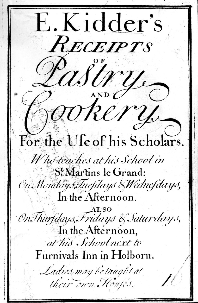 Pagina del titolo di E. Kidders Receipts of Pastry and Cookery, di Edward Kidder, pubblicato c.1730 da English School