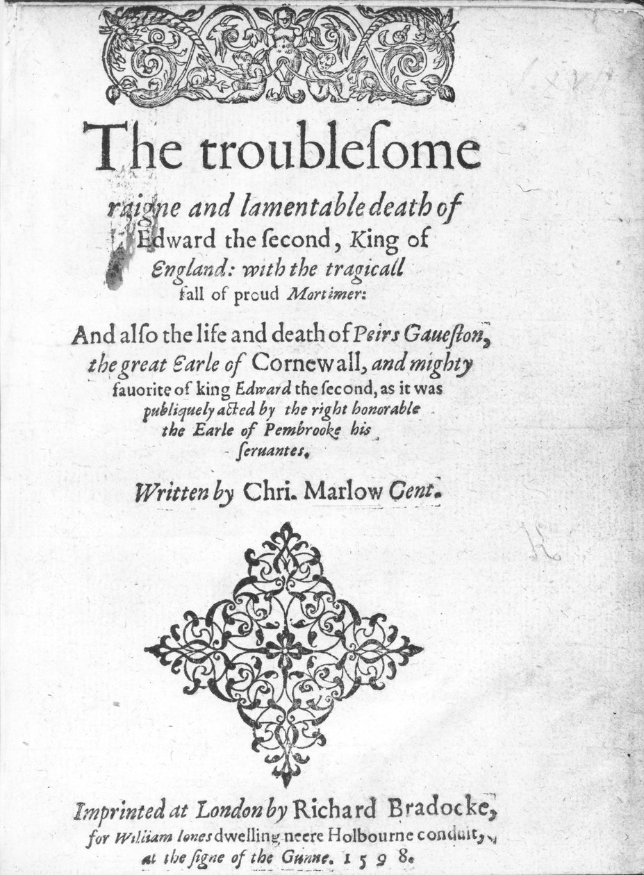 Pagina del titolo per Edward II di Christopher Marlowe, pubblicato nel 1598 da English School