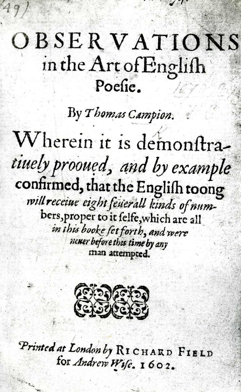Pagina del titolo per Observations in the Art of English Poesie di Thomas Campion, pubblicato nel 1602 da English School
