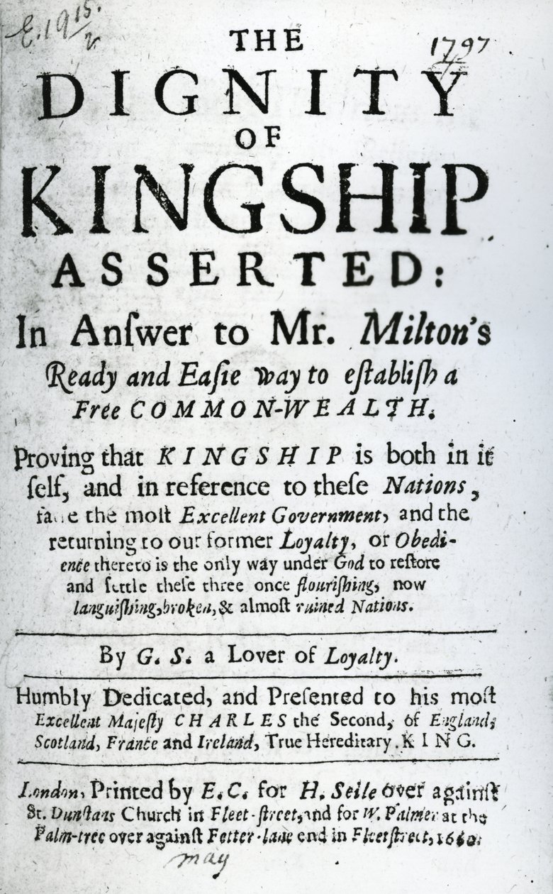 Pagina del titolo per The Dignity of Kingship Asserted di G.S. a Lover of Loyalty, pubblicato nel 1660 da English School