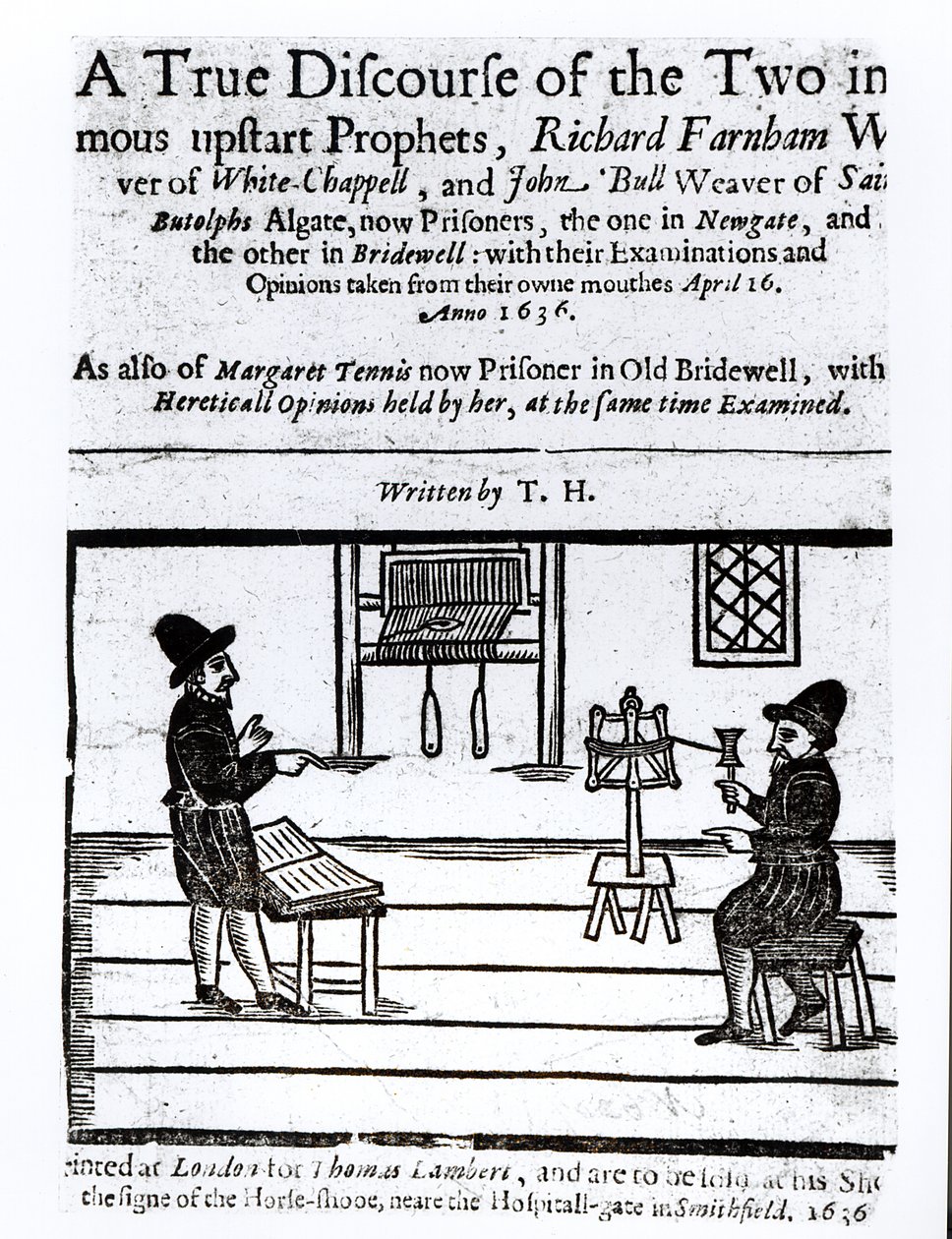 Pagina del titolo di A True Discourse of the Two Infamous Prophets, Richard Farnham, Weaver, of White-Chapel, and John Bull, Weaver, of Saint Botolphs, Algate by T.H 1636 da English School