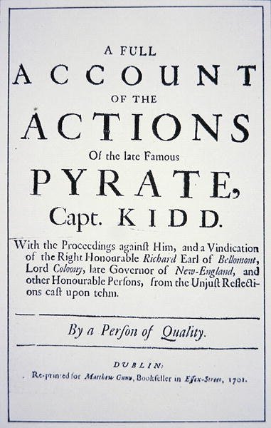 Pagina del titolo di una vita del Capitano Pirata William Kidd, pubblicata a Londra nel 1701 da English School