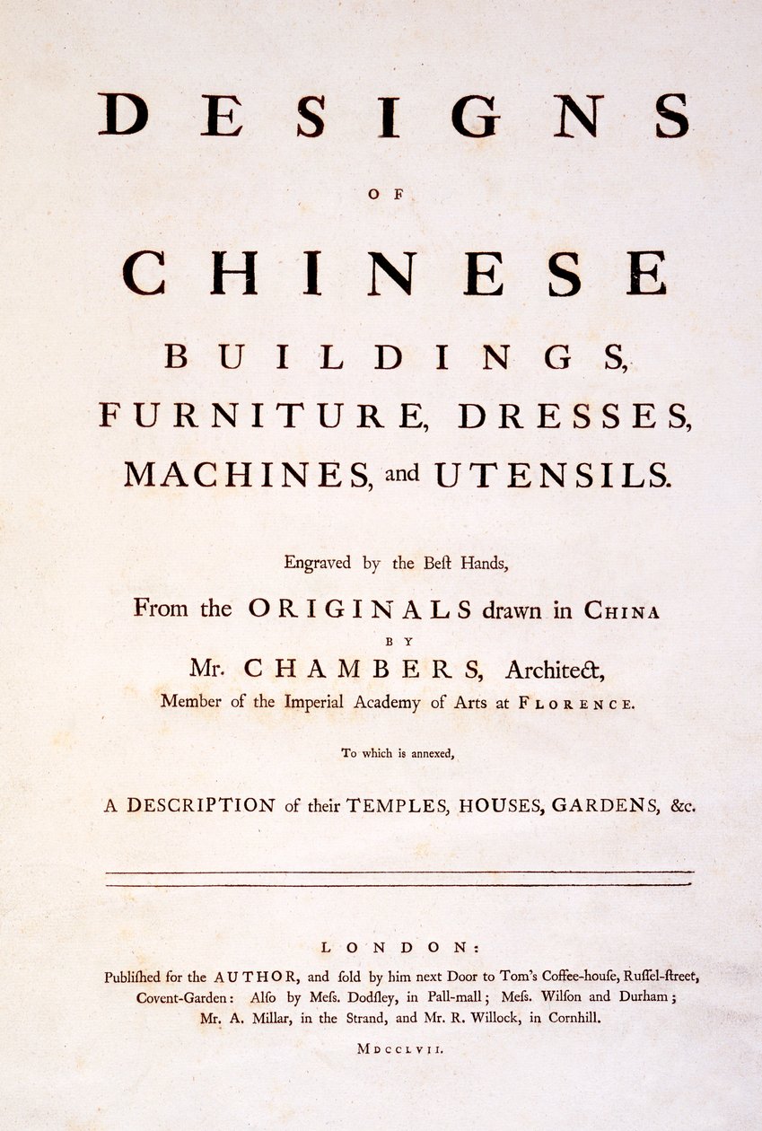 Pagina del titolo di Designs of Chinese Buildings, Furniture, Dresses, Machines & Utensils, 1757 da English School