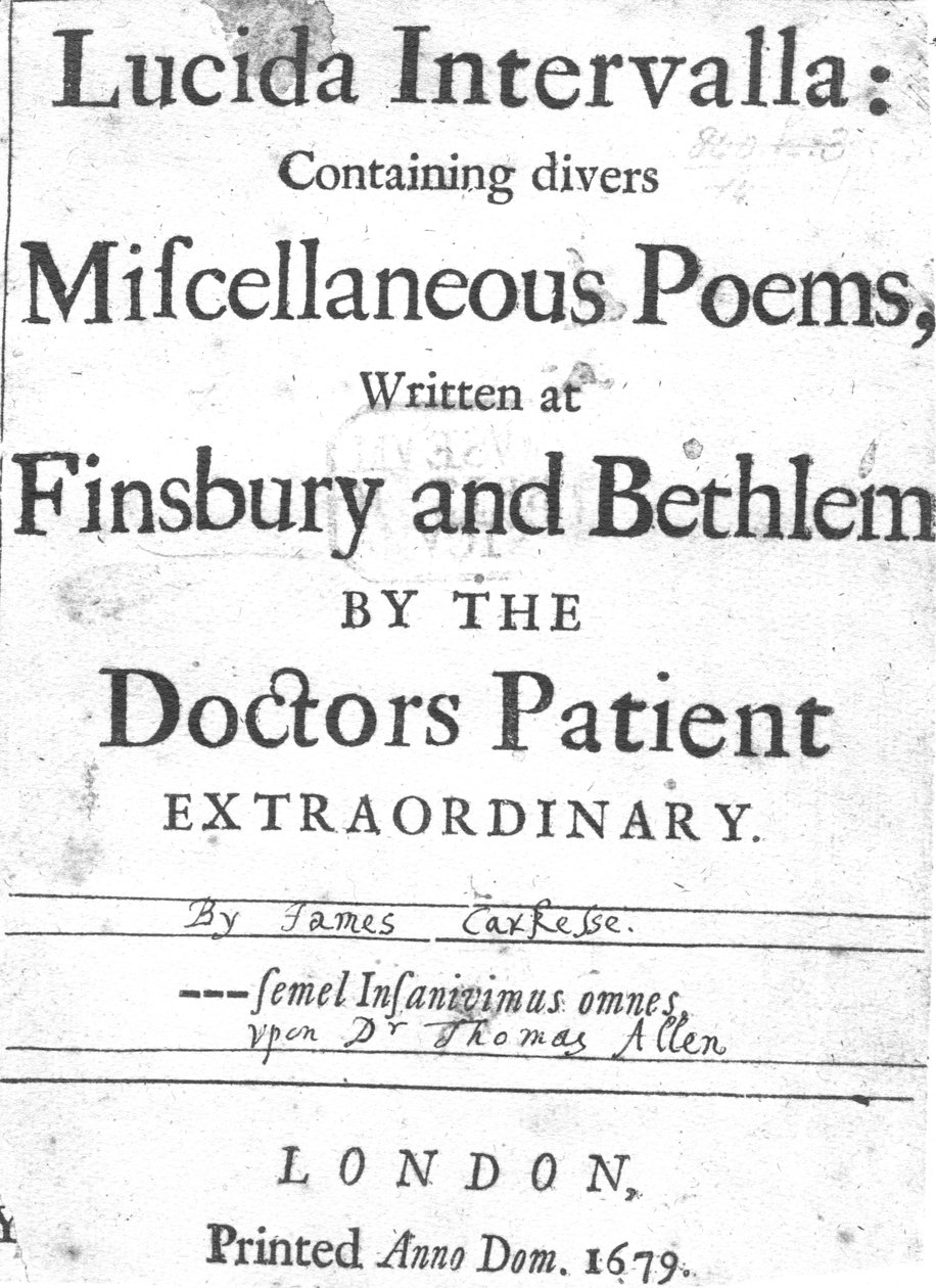 Pagina del titolo di Lucida Intervalla di James Carkesse, pubblicato 1679 da English School
