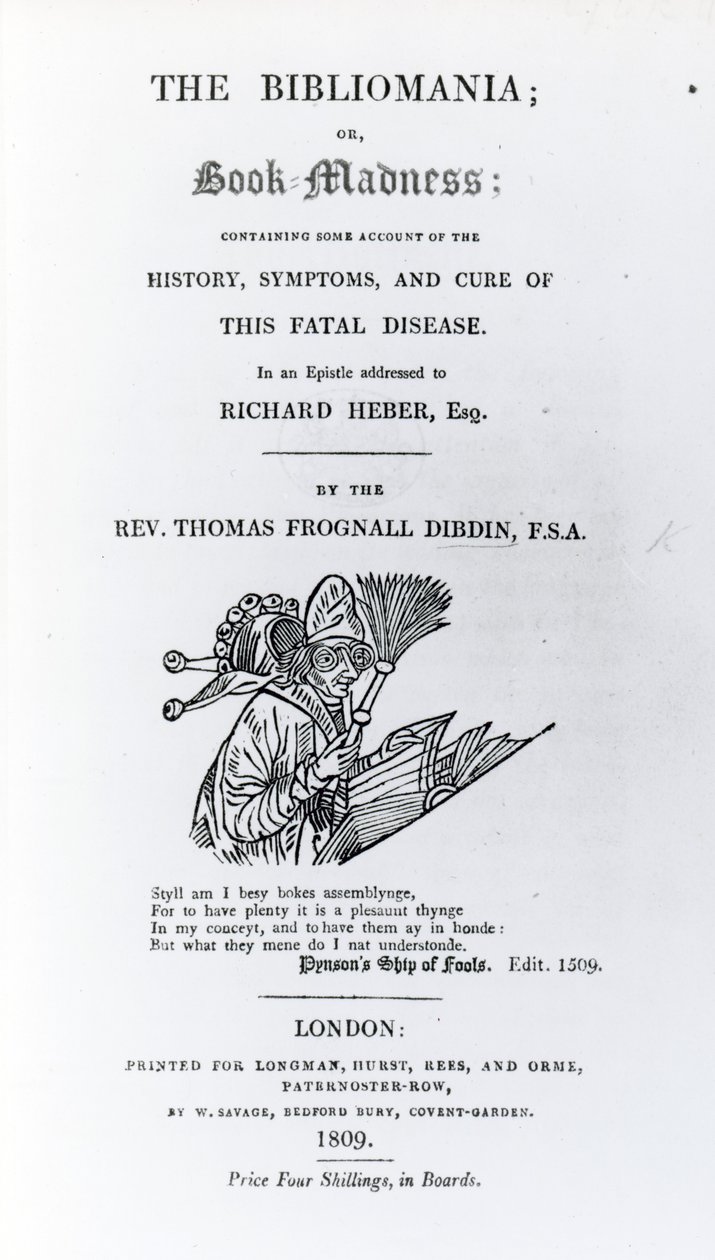 Pagina del titolo di The Bibliomania di Rev. Thomas Frognall Dibdin, pubblicato 1809 da English School