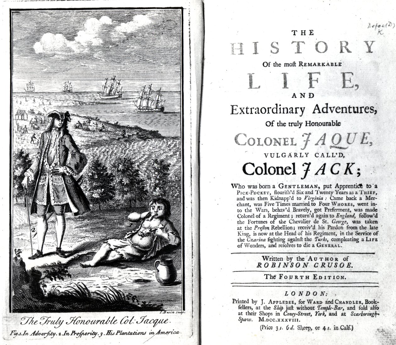 Pagina del titolo e frontespizio per La storia della vita più straordinaria e delle avventure straordinarie del veramente onorevole colonnello Jaque di Daniel Defoe, 1738 da English School