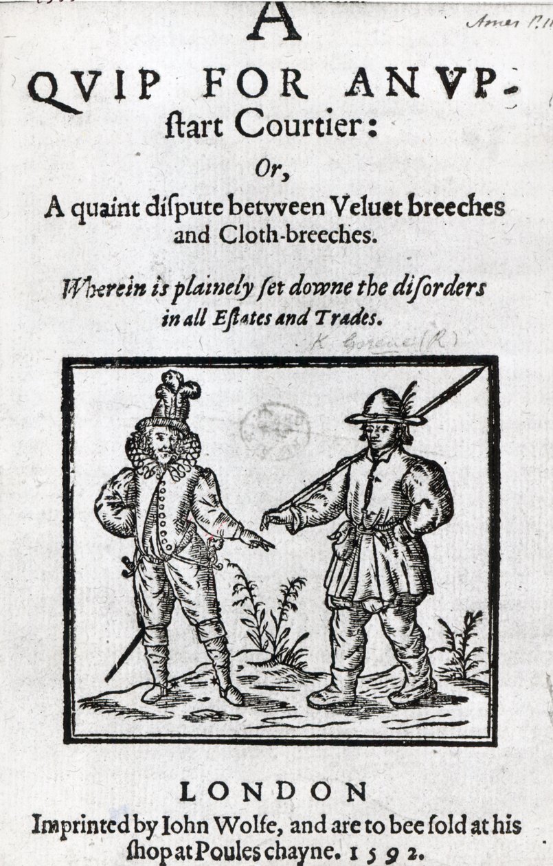 Pagina del titolo per A Quip for an Upstart Courtier di Robert Greene, 1592 da English School