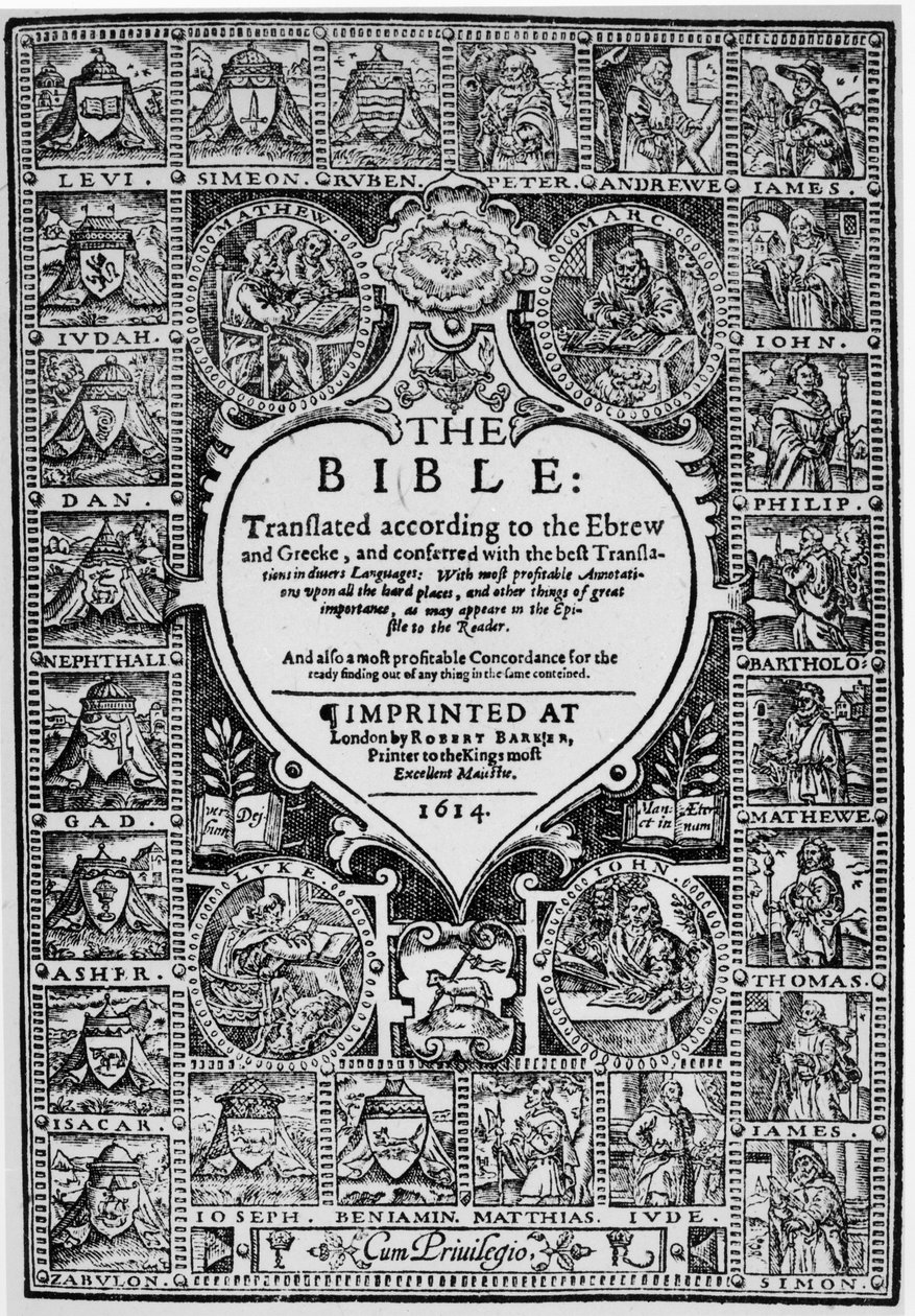 Pagina del titolo per la traduzione inglese della Bibbia di Ginevra, 1614 da English School