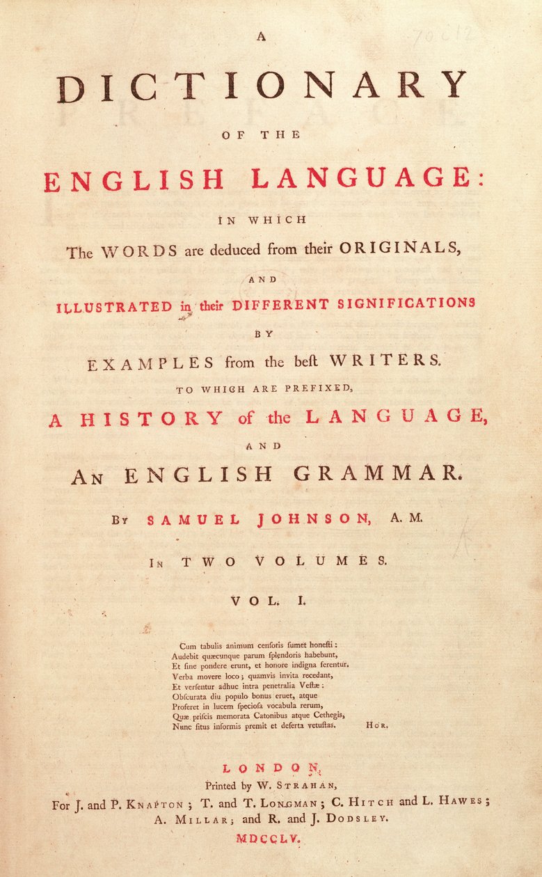 Pagina del titolo del Dizionario della Lingua Umana di Johnson, Londra, 1755 da English School