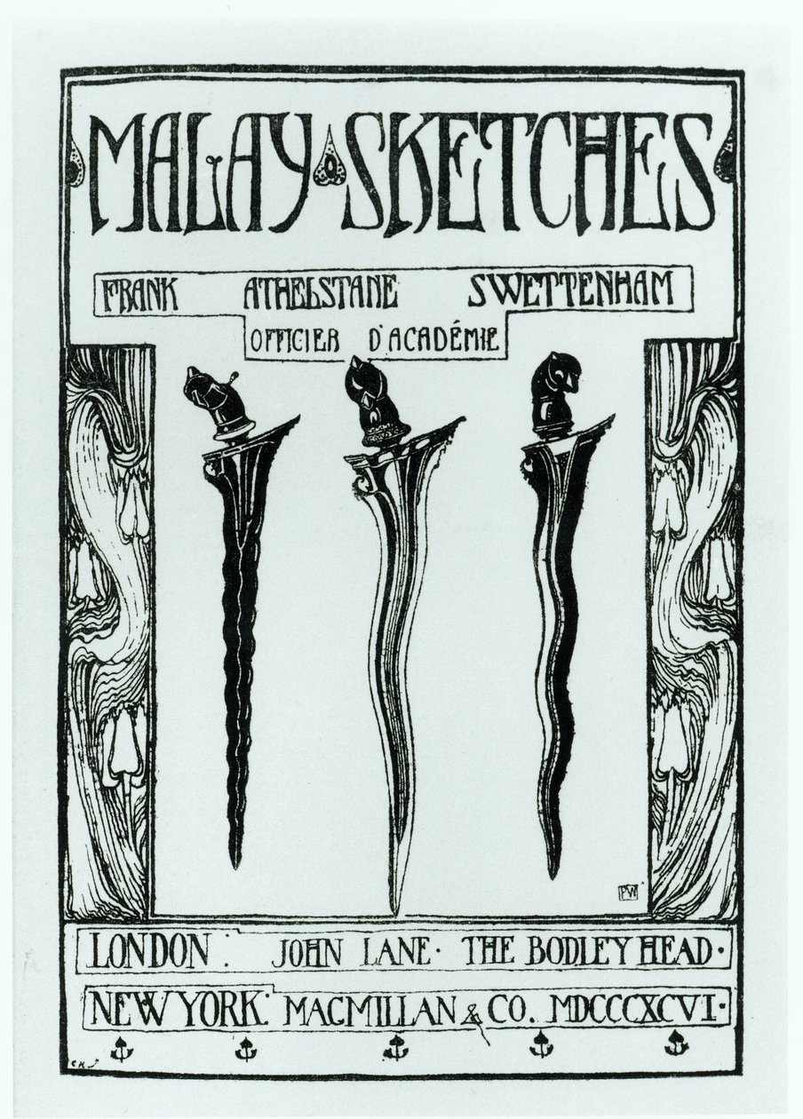 Pagina del titolo di Schizzi Malesi di Frank Athelstane Swettenham, pubblicato nel 1896 da English School