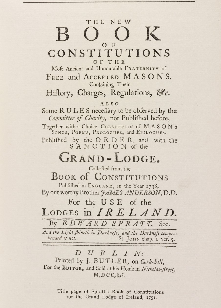 Pagina del titolo del Libro delle Costituzioni di Spratt per la Gran Loggia in Irlanda, 1751 da English School