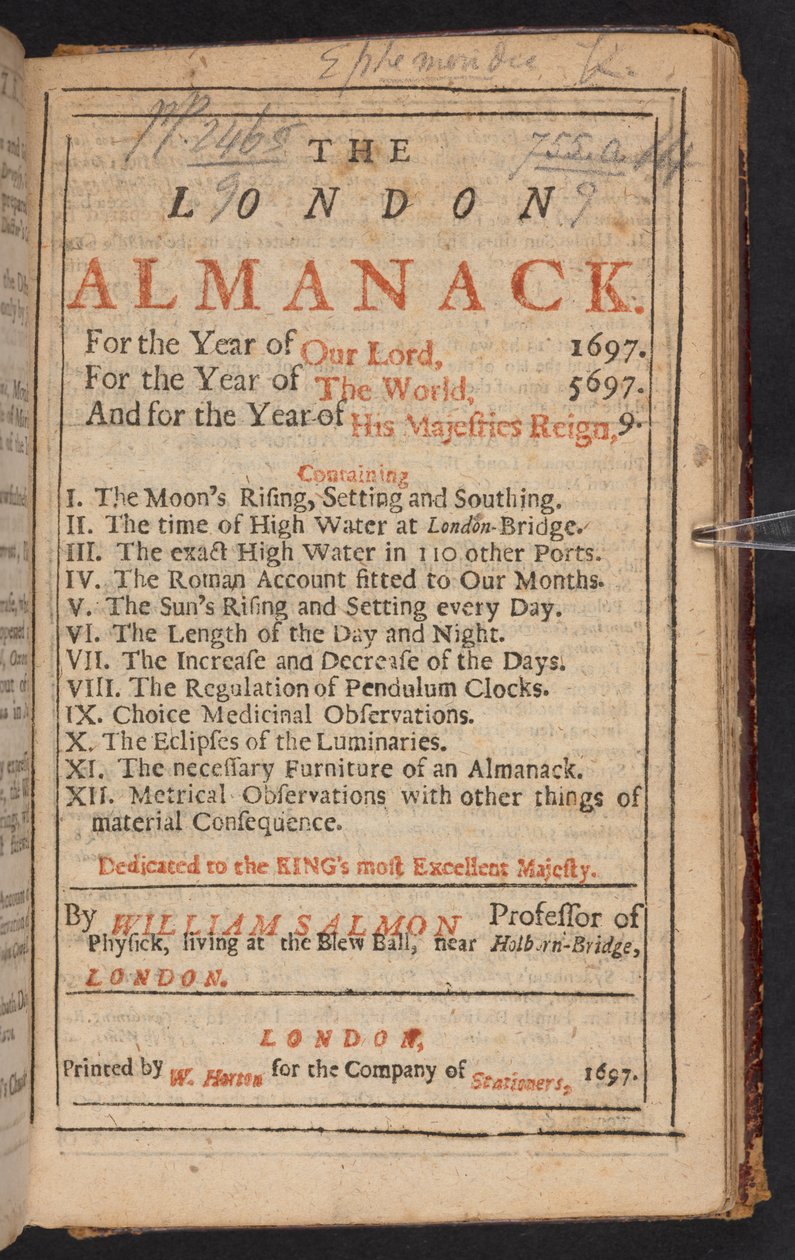 Frontespizio di The London Almanack, di William Salmon da English School