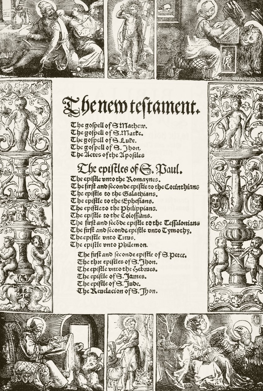 Pagina del titolo del Nuovo Testamento di William Tyndale, stampato negli anni 1530, da The National and Domestic History of England di William Hickman Smith Aubrey, pubblicato a Londra, c.1890 da English School
