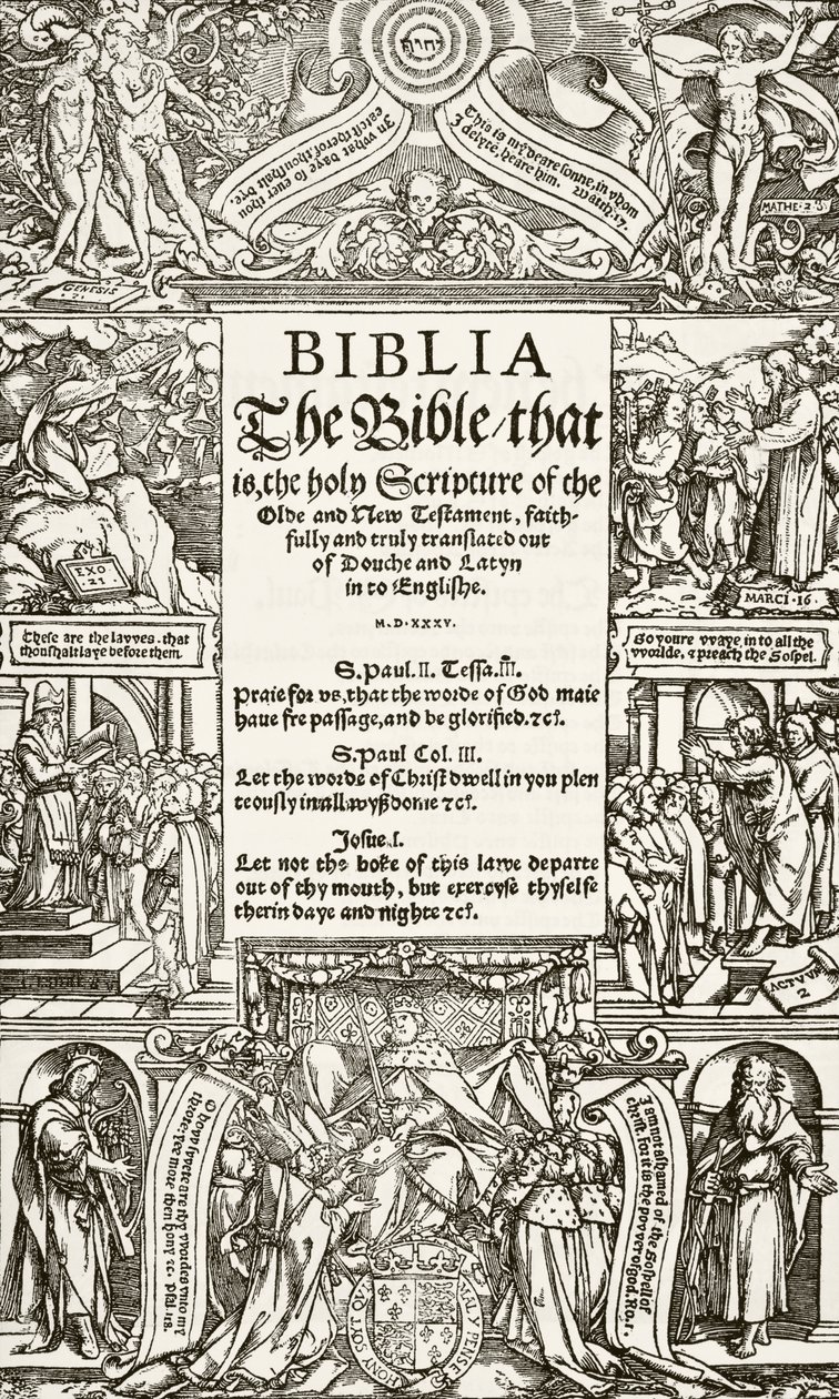 Pagina del titolo della Bibbia di Coverdale, stampata nel 1535, da The National and Domestic History of England di William Hickman Smith Aubrey, pubblicato a Londra, c.1890 da English School